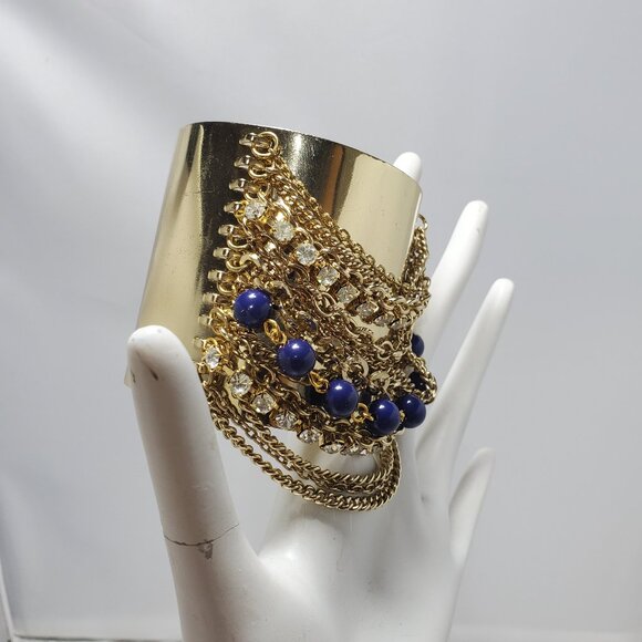 Bijou Gold Multi-Layered Cuff Bracelet with Blue Beads and Crystal Accents - Picture 1 of 7